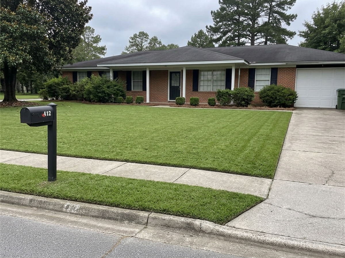 After: Front yard mowing — knee-high grass cut short with clean edges