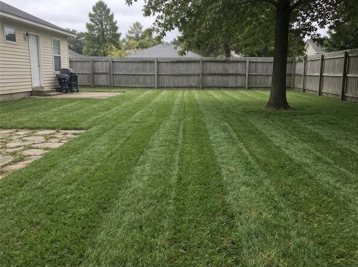 After: Backyard mowing — overgrown and patchy to an even, striped cut